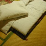 Ein futon auf einer Tatami matte von oben. nur die ecke des bettes ist erkennbar. ein kissen liegt auf der matte.